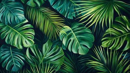 Lush Green Tropical Leaves Artistic Painting