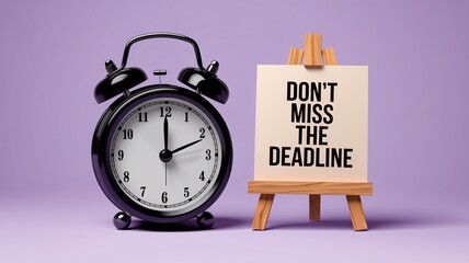 A generative AI illustration of a black alarm clock and a wooden easel with the text "DON'T MISS THE DEADLINE" written on it, against a purple background. 