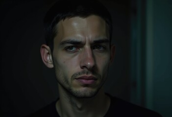 Obraz premium Close-up portrait of a young man with a serious expression, low-light setting.