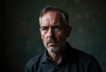 Obraz premium A pensive middle-aged man with graying hair and a beard, gazing thoughtfully.