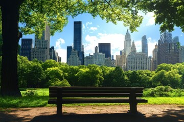 Naklejka premium Scenic view of a city skyline with lush greenery and a wooden bench in the foreground