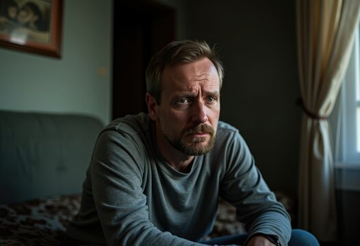 A pensive middle-aged man sits alone, lost in thought, exhibiting signs of sadness or contemplation.