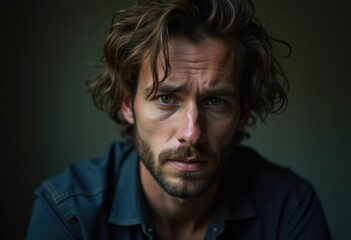 Obraz premium A serious, pensive young man with wavy brown hair and a beard stares intently at the camera.