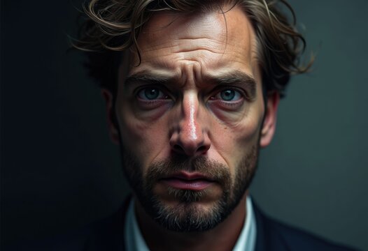 Close-up portrait of a man with a serious expression, showing his facial features and emotions.