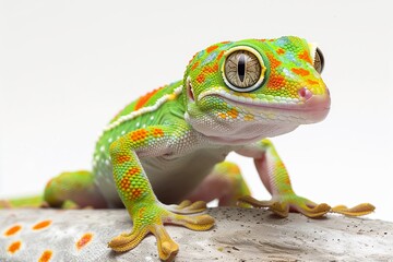 A vibrant, colorful gecko perched gracefully on a wooden log, showcasing its unique patterns and features.