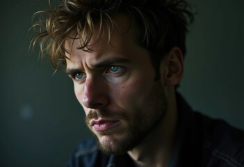 Fototapeta premium Close-up portrait of a pensive young man with intense blue eyes and tousled hair.