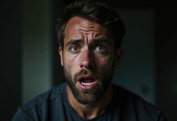 Obraz premium A man with a shocked expression, wide eyes, and open mouth, showing surprise or fear.