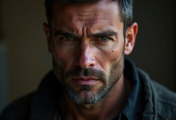 Fototapeta premium Close-up portrait of a serious, middle-aged man with intense eyes and stubble.