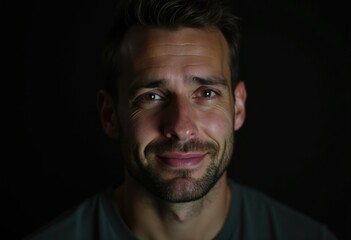 Fototapeta premium A close-up portrait of a man with a subtle, happy expression, dimly lit against a transparent background.