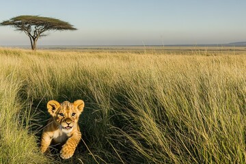 Obraz premium Playful lion cub rests in tall grass under lone acacia tree, sho