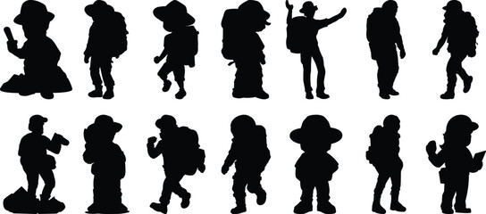 Hiking silhouettes set, adventure pack of vector silhouette design, isolated background