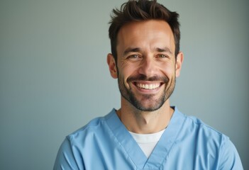 Obraz premium A smiling male healthcare professional in a light blue scrub.
