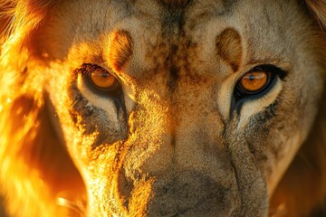 Intense gaze of lion captures raw power and majesty, highlighted