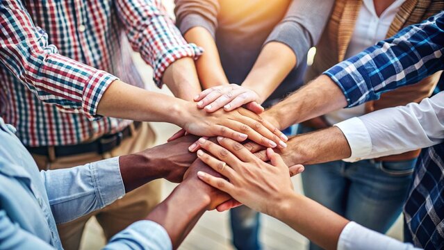 Stack of hands showing unity and teamwork

