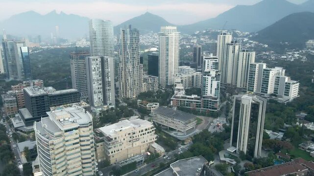 Aerial drone view of office and residential buildings in San Pedro Garza Garc&iacute;a, Mexico