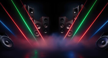 Laser beams and speakers in smoky atmosphere, vibrant club scene
