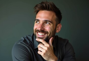 A smiling man with a beard, thoughtfully touching his chin, gazes upward.