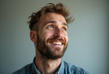 Obraz premium A joyful man with a beard looks upward, radiating happiness and optimism.