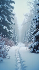 Fototapeta premium Misty winter path surrounded by snow-covered evergreens in a serene winter wonderland