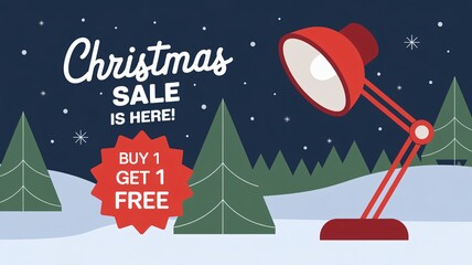 A holiday sale promotion banner with the text "Christmas Sale is Here!". There's a large image of an LED desk lamp. The banner also has the text "Buy 1, Get 1 Free" in a smaller font.