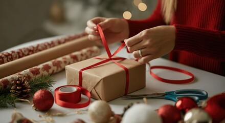 Person in red sweater wrapping holiday gift with ribbon and festive decorations nearby
