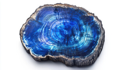 a vibrant, stylized wooden tree slice, featuring iridescent blue and silver hues, intricate grain patterns with a polished finish, seamless separation from a crisp white background, hd quality, ultra-
