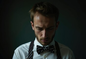 Fototapeta premium A pensive young man in a white shirt and bow tie, looking downwards.