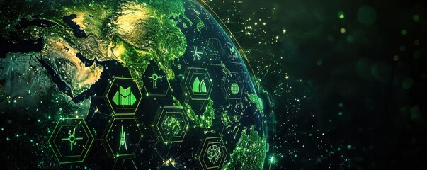 Digital map of Earth featuring green hexagonal technology interface
