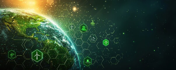 Obraz premium Digital visualization of Earth with green futuristic technology symbols