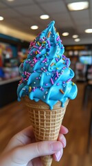 Bright blue ice cream cone topped with colorful sprinkles held by a person on a sunny day in an outdoor setting