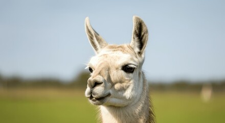 Close-up of llama with neutral expression in grassy field