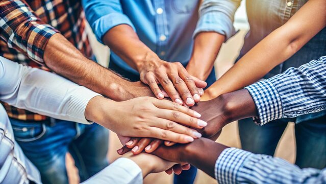Stack of hands showing unity and teamwork
