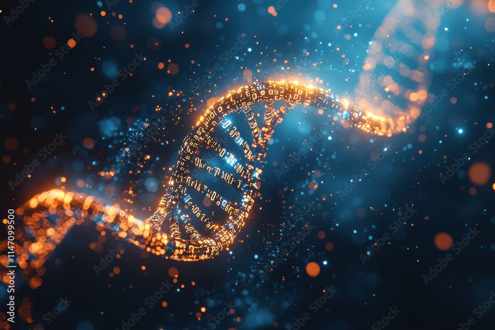 Poster digital dna double helix composed of glowing binary code