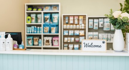 Veterinary clinic reception with pet products on display and welcome sign