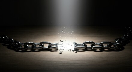 Metal chain breaking under pressure with light shining through