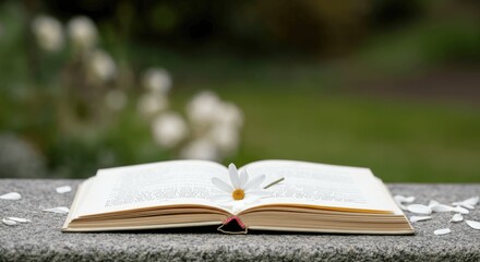 Open book with white flower lies on stone bench in garden