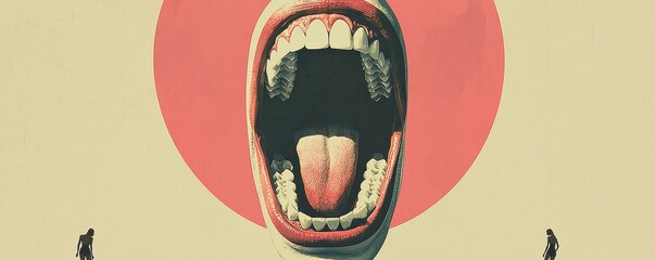 Gigantic open mouth with sharp teeth against a red circle background