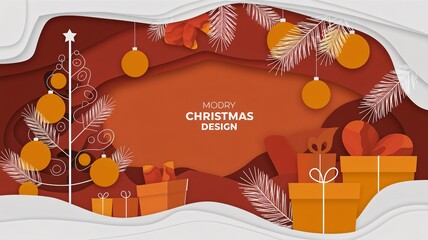 A paper cut style illustration of a modern Christmas design with a winter orange theme. There is a Christmas tree with pine branches, oranges, and a few gifts. The background is a warm orange hue.