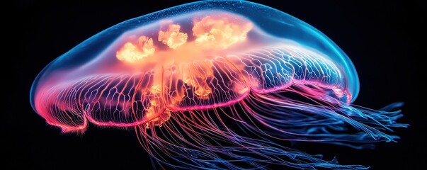 Vibrant neon jellyfish glowing in pink and blue hues underwater