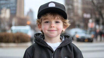 Happy child wearing black hat and jacket.