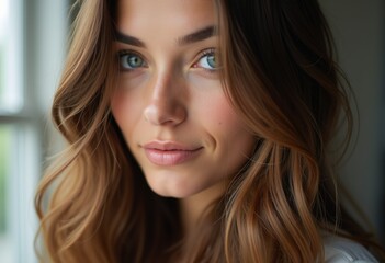 Naklejka premium Close-up portrait of a young woman with long, wavy brown hair and captivating green eyes, exuding natural beauty.