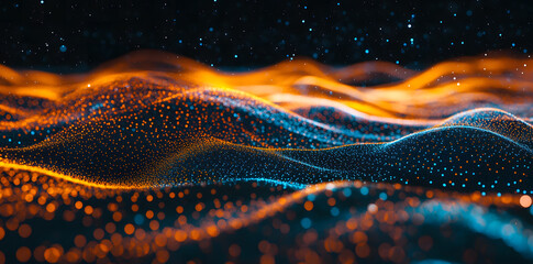 Abstract Digital Wave with Glowing Orange and Blue Particles on Dark Background
