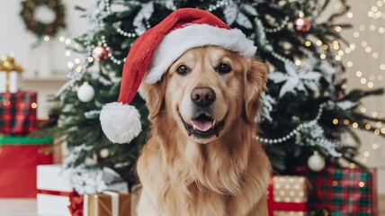 A photo of an adorable golden retriever dog wearing a Santa hat and smiling. The dog is standing in front of a Christmas tree with ornaments and gifts. The background has a festive holiday spirit 
