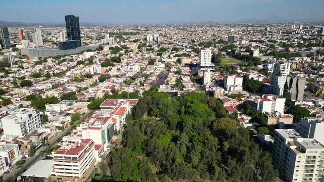 Drone flying over Ruben Dario Park in Guadalajara, Mexico