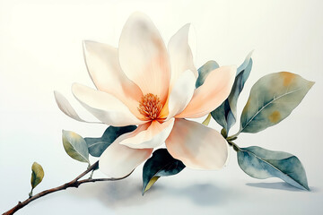 A watercolor painting of a white flower on a branch