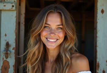 Fototapeta premium A young woman with long, wavy blonde hair smiles warmly, standing near a rustic door.