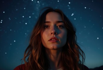 A young woman with long brown hair gazes serenely at the night sky, illuminated by countless stars.
