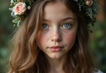 Naklejka premium A young girl with rosy cheeks and long brown hair wears a delicate flower crown.