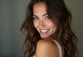 Naklejka premium A beautiful woman with long brown hair smiles over her shoulder, showcasing her radiant skin and bright white teeth.