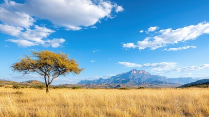Obraz premium Lone tree in savanna grassland with mountain backdrop under blue sky.